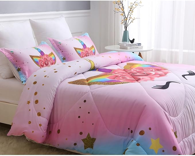 Unicorn Queen Bedding Sets for Girls Kids Comforter Set Queen Size with 2 Pillowcases Pink and Rainbow Unicorn Room Decor for Girls Bedroom Ultra Soft Machine Washable Toddler Bed Set - LeafyLoom