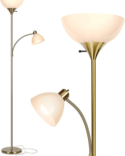 Brightech Sky Dome Plus LED Floor lamp, Torchiere Super Bright Floor Lamp with Reading Lamp for Living Rooms & Offices - Dimmable Tall Standing Lamp for Bedroom Reading - Gold Brass - LeafyLoom