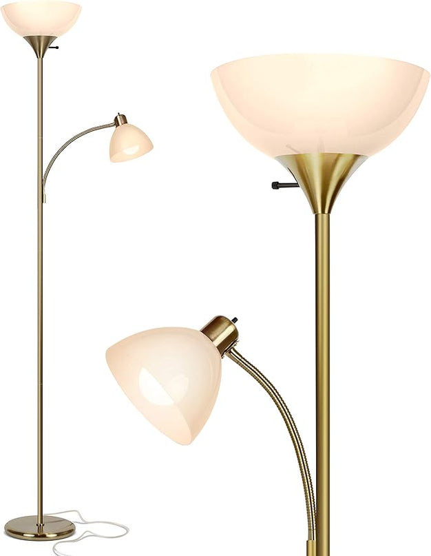 Brightech Sky Dome Plus LED Floor lamp, Torchiere Super Bright Floor Lamp with Reading Lamp for Living Rooms & Offices - Dimmable Tall Standing Lamp for Bedroom Reading - Gold Brass - LeafyLoom