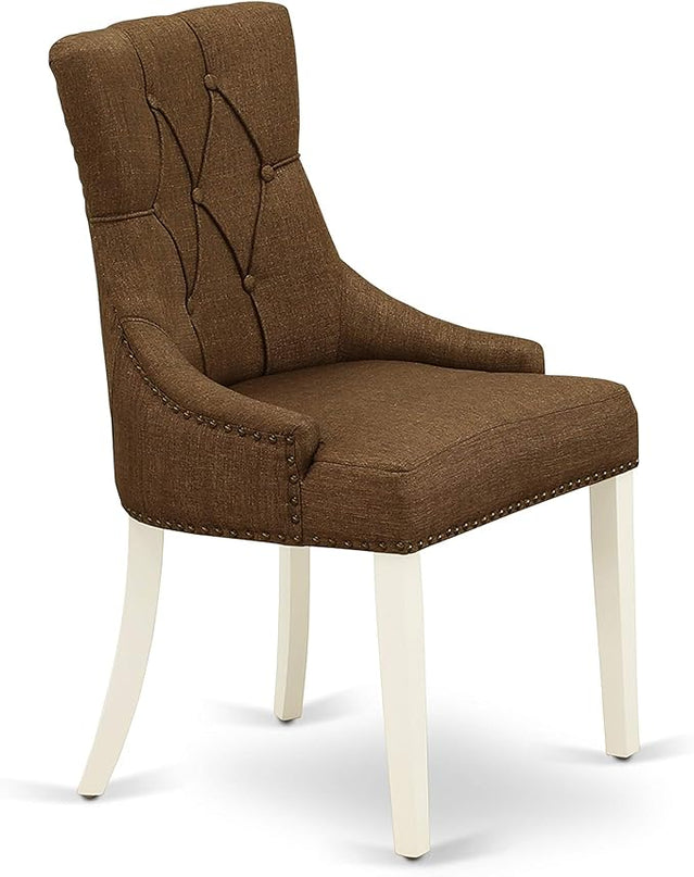 East West Furniture Dublin 5 Piece Kitchen Set for 4 Includes a Round Dining Room Table with Dropleaf and 4 Brown Linen Fabric Upholstered Chairs, 42x42 Inch, DLFR5-WHI-18 - LeafyLoom