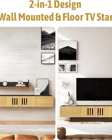 Pmnianhua Mid Century TV Stand,85'' Wall Mounted TV Cabinet,Low TV Bench Under TV Entertainment Center Shelf TV Console Table with 4 Cabinets for Living Room Bedroom(Light Oak) - LeafyLoom