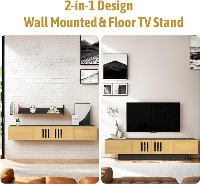 Pmnianhua Floating TV Stand,76'' Wall Mounted TV Cabinet, Mid Century TV Bench Under TV Entertainment Center Shelf TV Console Table with 4 Cabinets for Living Room Bedroom (Light Oak) - LeafyLoom