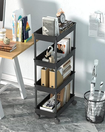 Sooyee 4 Tier Wide Storage Cart Mobile Shelving Unit Organizer Slide Out Storage Rolling Utility Cart Tower Rack for Kitchen Bathroom Laundry, Plastic & Stainless Steel,Black - LeafyLoom