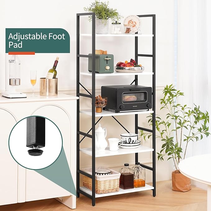 Yoobure 5 Tier Bookshelf - Tall Book Shelf Modern Bookcase for CDs/Movies/Books, Rustic Book Case Industrial Bookshelves Book Storage Organizer for Bedroom Home Office Living Room White - LeafyLoom