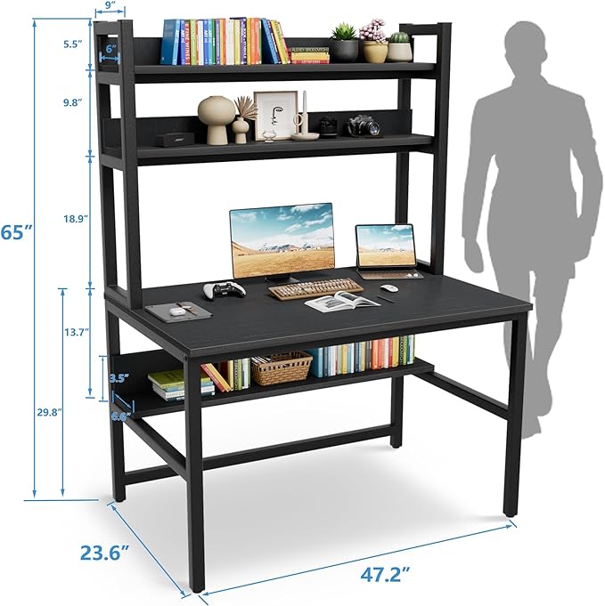 Aquzee Computer Desk with Hutch and Shelves, 47-Inch Wide Office Desk with 3-Tier Storage Shelves for Space-Saving, Modern Standing Desk for Study and Writing Work, Easy to Assemble, Black - LeafyLoom