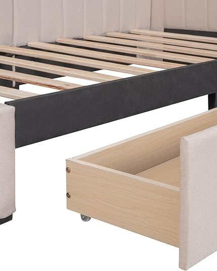 Twin Size Upholstered Daybed with 2 Storage Drawers,Solid Wood Sofa Bed Frame W/Linen Fabric Backrest,No Box Spring Needed,for Living Room Bedroom Apartment Beige - LeafyLoom