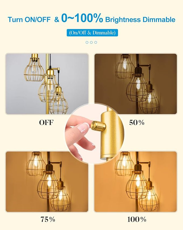 Lightdot 68IN Industrial Floor Lamp Dimmable (Brightness Adjustable), Farmhouse Tree Floor Lamp with E26 LED Edision Bulbs Included, 3-Light Tall Pole Standing Lamp for Living Room Bedroom-Gold - LeafyLoom