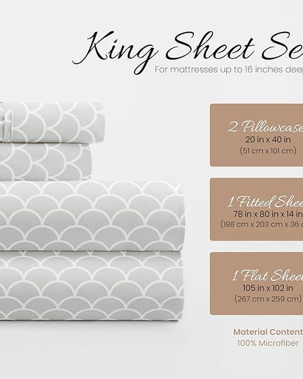 4 Piece King Bedding Sheet Set (Gray Scallops) - Sleep Better Than Ever with These Ultra-Soft & Cooling Bed Sheets for Your King Size Bed - Deep Pocket Fits 16" Mattress - LeafyLoom