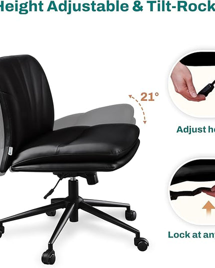 Criss Cross Chair with Wheels - Cross Legged Office Chair, Wide Armless Desk Chair Comfy Swivel Vanity Chair for Home Office, PU Leather - Black - LeafyLoom