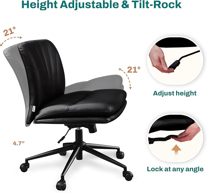 Criss Cross Chair with Wheels - Cross Legged Office Chair, Wide Armless Desk Chair Comfy Swivel Vanity Chair for Home Office, PU Leather - Black - LeafyLoom