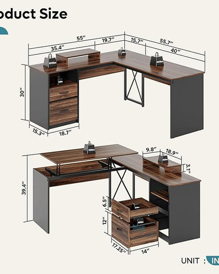 Bestier Lift Top L Shaped Desk with File Drawer, 55'' x 55'' Office Desk with Reversible Storage Drawers, L Shaped Standing Desk with Computer Monitor Stand (Walnut, 55'' x 55'') - LeafyLoom