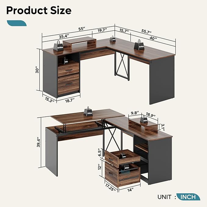 Bestier Lift Top L Shaped Desk with File Drawer, 55'' x 55'' Office Desk with Reversible Storage Drawers, L Shaped Standing Desk with Computer Monitor Stand (Walnut, 55'' x 55'') - LeafyLoom