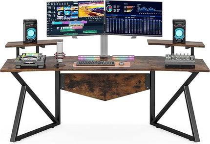 70.9" Large Computer Desk Home Office Desk Wing-Shaped Gaming Studio Desk, Rustic Brown - LeafyLoom