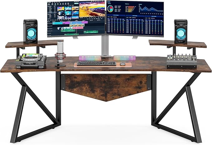 70.9" Large Computer Desk Home Office Desk Wing-Shaped Gaming Studio Desk, Rustic Brown - LeafyLoom