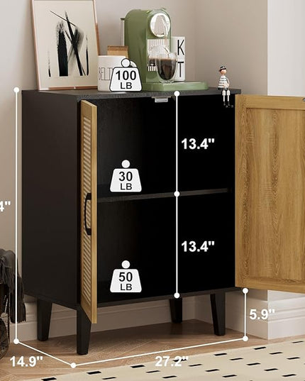 Rattan Decorated Buffet Cabinet - 2 Doors Simple Style Storage Cabinet, Shoe Cabinet with Adjustable Shelves, Sideboard for Kitchen, Living Room, Hallway, Entryway (Black) - LeafyLoom
