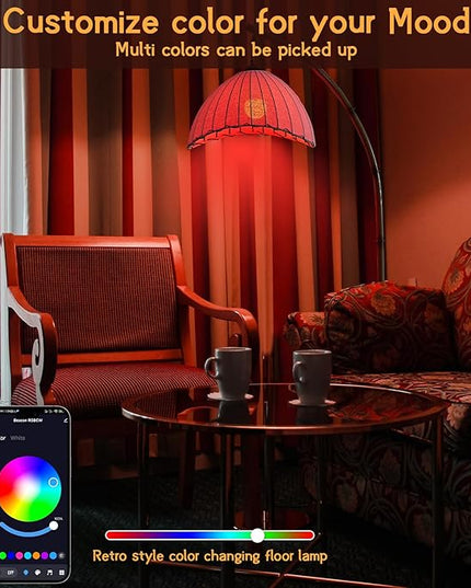 Retro Bamboo Floor Lamp - Unique Bohemian Hanging Arc Floor Lamp with Antique Rattan Style, RGB Colorful Dimmable Vertical Lamp for Dining Room Farmhouse Study Living Room - LeafyLoom