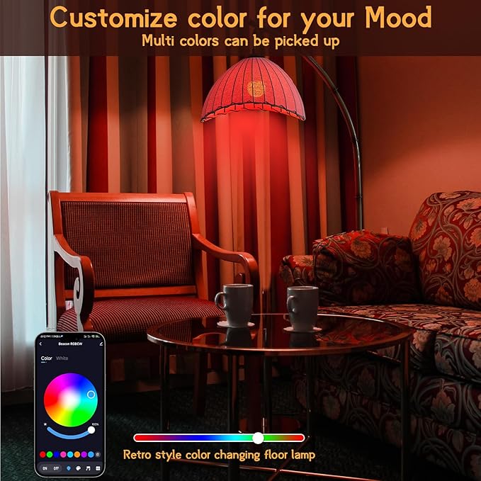 Retro Bamboo Floor Lamp - Unique Bohemian Hanging Arc Floor Lamp with Antique Rattan Style, RGB Colorful Dimmable Vertical Lamp for Dining Room Farmhouse Study Living Room - LeafyLoom