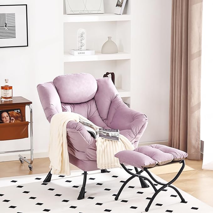Lazy Chair with Ottoman, Modern Chair with Folding Footrest, Lounge Accent Chair, Comfortable Reading Chair (Light Purple) - LeafyLoom