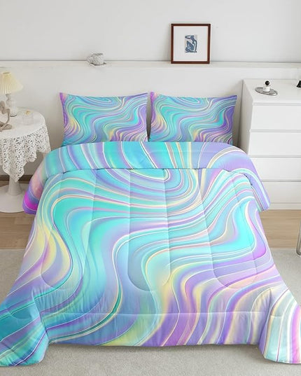 Pastel Rainbow Comforter Set with Pillowcases Abstract Wave Stripes 3D Printed Designs 3 Piece Bedroom Duvet Set Psychedelic Girl Bed Down Comforter for Kids Women Dorm Room (Full,Coulourful Marble) - LeafyLoom