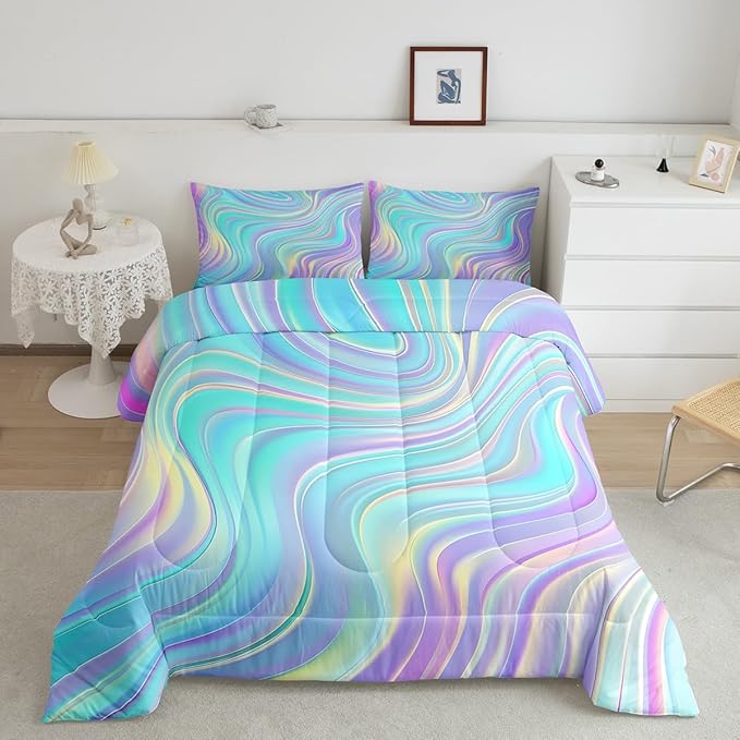 Pastel Rainbow Comforter Set with Pillowcases Abstract Wave Stripes 3D Printed Designs 3 Piece Bedroom Duvet Set Psychedelic Girl Bed Down Comforter for Kids Women Dorm Room (Full,Coulourful Marble) - LeafyLoom
