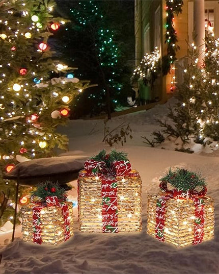 [Large 10"x8.5"x7" Christmas Set of 3 Lighted Rattan Gift Boxes Decorations Pre-lit 70 Super-Bright LED with Flashers,for Indoor Outdoor Pathway Holiday Party Home(Warm White) GLOWNOVA