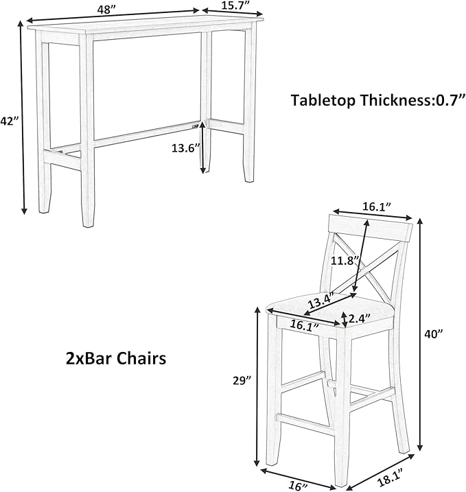 Voohek 3-Piece Bar Table and Chairs Set, Wood Counter Height Dining Furniture for 2, Small Space, Kitchen, Breakfast Nook, Bistro,Apartment, Industrial Style, White - LeafyLoom
