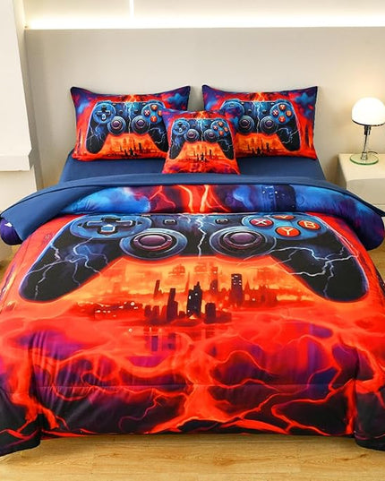 Game Console Twin Comforter Set with Sheets, Microfiber 6 Pcs Bed in A Bag Twin Size Gamer Bedding Set for Boys Kids Teens - LeafyLoom