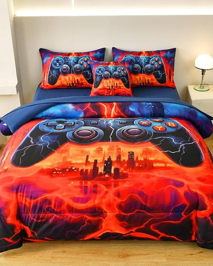 Game Console Full Comforter Set with Sheets, Microfiber 6 Pcs Bed in A Bag Full Size Gamer Bedding Set for Boys Kids Teens - LeafyLoom