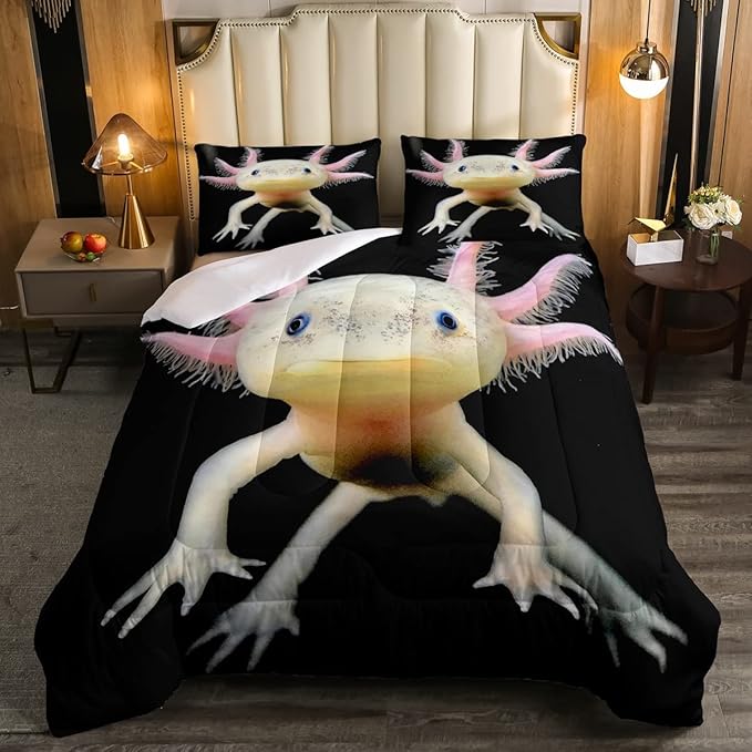 Axolotl Bedding Set King Cute Axolotl Comforter Set 3D Axolotls Down Comforter Bedroom Decor Sea Wildlife Animals Reptile Duvet Set Lightweight Soft Warm Quilt Set for Kids Boys Teens Men Adult - LeafyLoom