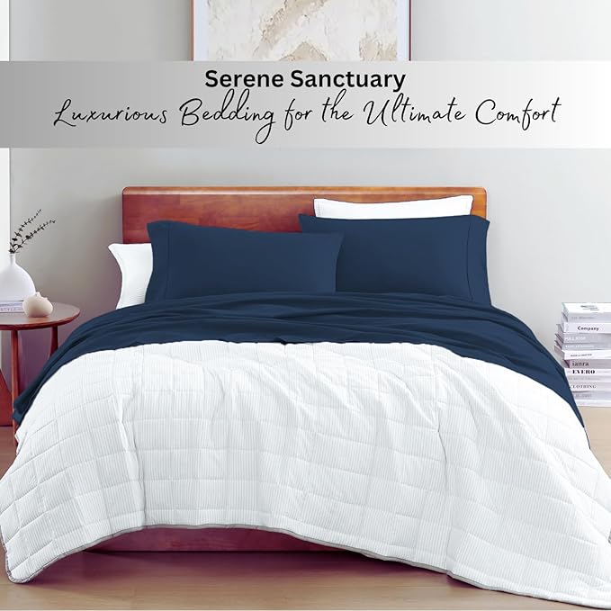 LANE LINEN 100% Organic Cotton Twin Bed Sheet Set, 3 Pc Twin Size Sheet Set, Soft & Breathable Twin Sheet Set Boys, Hotel Style Bedding Sheets & Pillowcases, 15" Deep Twin Fitted Sheet - Estate Blue - LeafyLoom