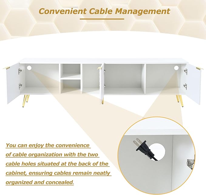 Merax Modern Minimalist Geometric TV Stand with Metal Handles and Gold Legs for Televisions Up to 80'' Multi-Functional Storage Cabinet, Entertainment Center for Living Room, 70.80" Length, White - LeafyLoom