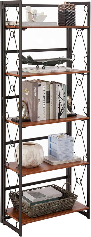 VECELO Folding Bookshelf,5 Tier Bookcase Foldable Easy Assembly, Industrial Book Shelf Storage Organizer with X Metal Frame and Anti-Toppling Design,1 Set - LeafyLoom