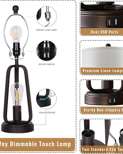 Luvkczc Modern Farmhouse Table Lamp Set of 2, Table Lamps with USB Port, 3-Way Dimmable Bedside Touch Lamp with Rotary Switch, Rustic Industrial Lamps for Bedroom Living Room, Bulbs Included - LeafyLoom