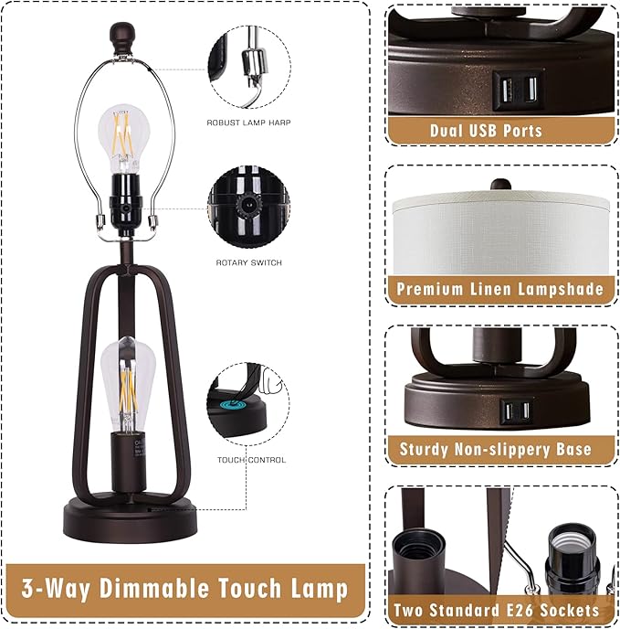 Luvkczc Modern Farmhouse Table Lamp Set of 2, Table Lamps with USB Port, 3-Way Dimmable Bedside Touch Lamp with Rotary Switch, Rustic Industrial Lamps for Bedroom Living Room, Bulbs Included - LeafyLoom