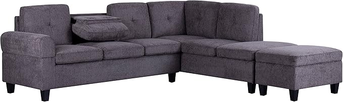 L-Shape Modular Sectional Sofa Chaise Cup Holders and Storage Ottoman, 4-Seater Upholstered Corner Couch for Apartment, Home Living Room Furniture Sets, Light Grey - LeafyLoom