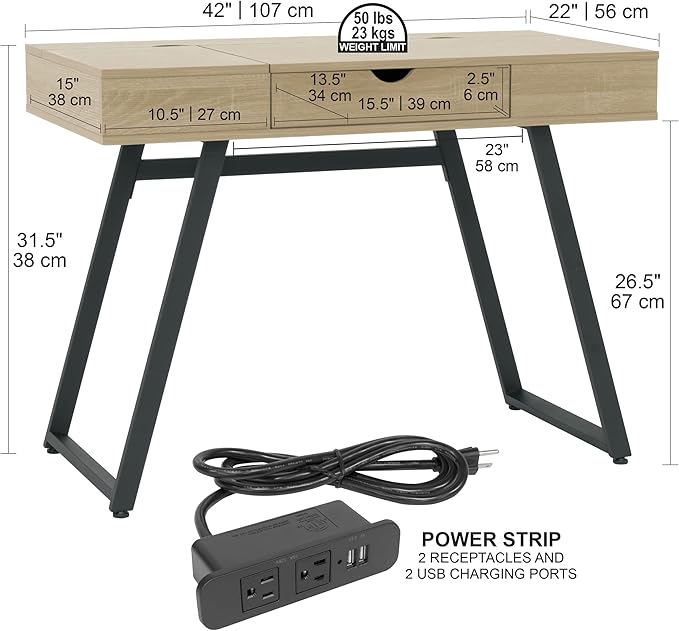 Calico Designs Rockdale Modern Office Writing Laptop Desk with Multiple Storage Compartments, Cord Management and Charging Station, Black/Honey Maple - LeafyLoom