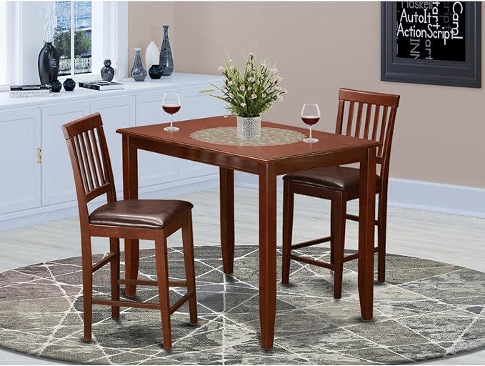 East West Furniture BUVN3-MAH-LC Buckland 3 Piece Kitchen Counter Height Set Contains a Rectangle Dining Room Table and 2 Faux Leather Upholstered Chairs, 30x48 Inch, Mahogany - LeafyLoom