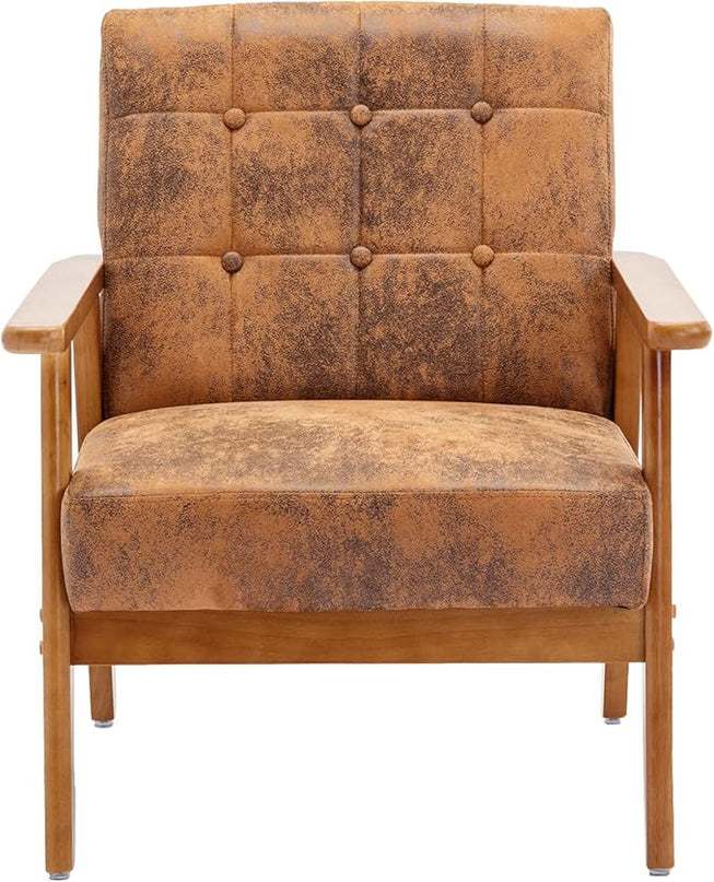 Mid-Century Accent, Modern Single Armchair, Upholstered Leisure Lounge Chair wth Solid Wood Armrest and Feet for Living Room, Bedroom, Office, Coffee - LeafyLoom