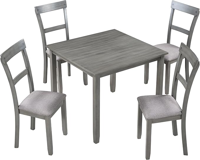 5 Piece Industrial Dinette Sets Wooden Kitchen Dining Table and 4 Matching Upholstered Chairs, for Diningroom Living Room, Easy to Assemble, Gray 1 - LeafyLoom