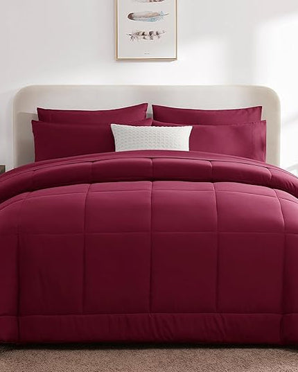 CozyLux King Size Comforter Set - 7 Pieces Bed in a Bag Set Burgundy, Bedding Sets King with All Season Quilted Comforter, Flat Sheet, Fitted Sheet, Pillowcases, Red, King - LeafyLoom