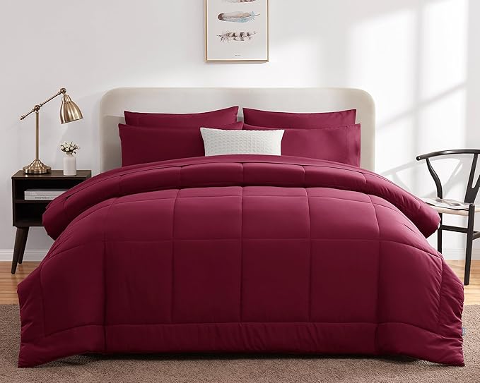 CozyLux King Size Comforter Set - 7 Pieces Bed in a Bag Set Burgundy, Bedding Sets King with All Season Quilted Comforter, Flat Sheet, Fitted Sheet, Pillowcases, Red, King - LeafyLoom