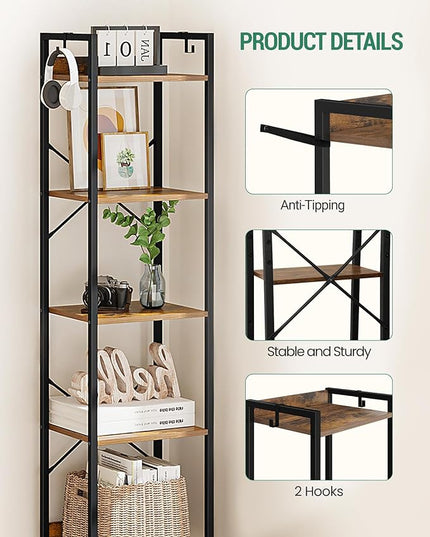 Bookshelf, Book Shelf, Industrial Bookcase with 2 Hooks, Coner Shelf Storage Organizer for Home Office, Living Room, Bedroom, Kitchen, 5-Tier Rustic Brown BC10501B - LeafyLoom