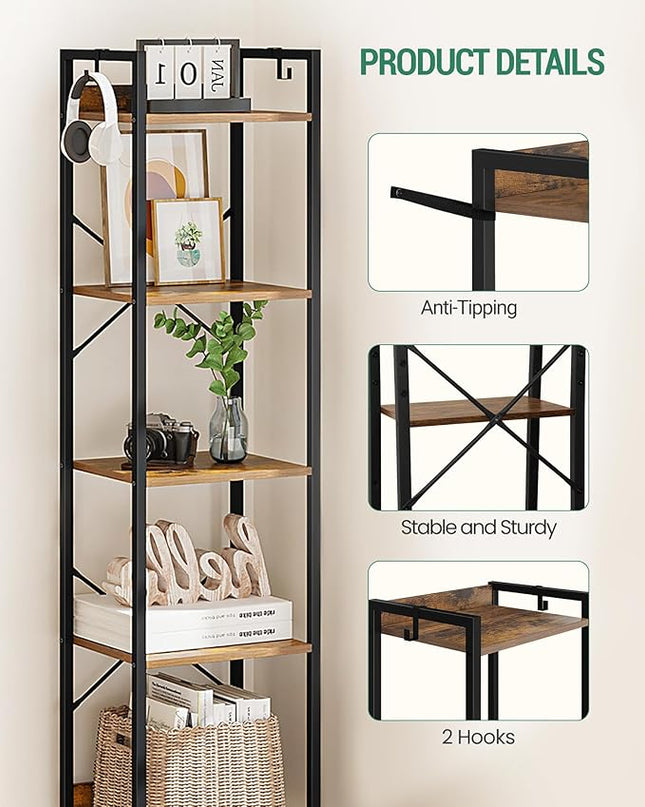Bookshelf, Book Shelf, Industrial Bookcase with 2 Hooks, Coner Shelf Storage Organizer for Home Office, Living Room, Bedroom, Kitchen, 5-Tier Rustic Brown BC10501B - LeafyLoom