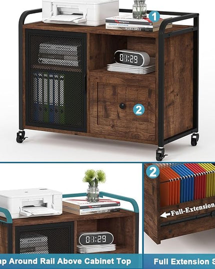 BON AUGURE Filing Cabinet for Home Office, Rolling Lateral File Cabinet with Storage, Wood Metal Printer Stand with Drawer (Rustic Oak) - LeafyLoom