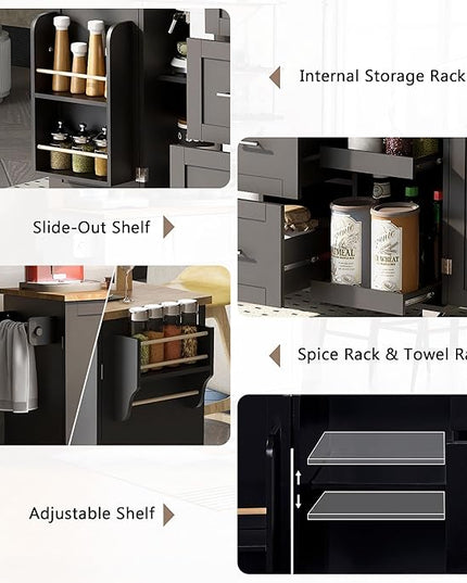 Kitchen Island with Storage, Spice Rack & Tower Rack, Mobile Rolling Kitchen-Cart on Wheels w/Rubber Wood Top, 3 Drawer, 2 Slide-Out Shelf and Internal Storage Rack - LeafyLoom