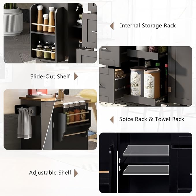 Kitchen Island with Storage, Spice Rack & Tower Rack, Mobile Rolling Kitchen-Cart on Wheels w/Rubber Wood Top, 3 Drawer, 2 Slide-Out Shelf and Internal Storage Rack - LeafyLoom