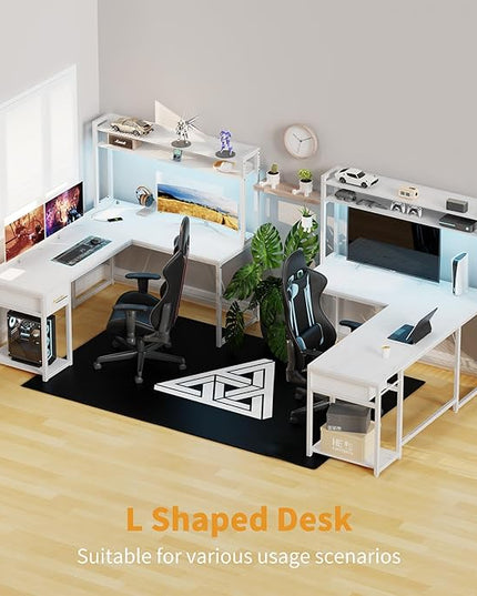 L Shaped Gaming Desk, Reversible L Shaped Computer Desk with Drawers, Led Lights & Power Outlets for Home Office White - LeafyLoom