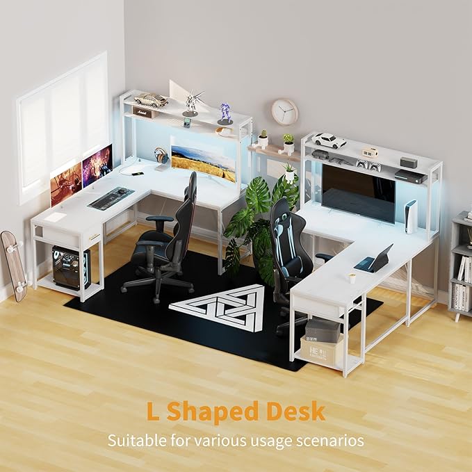 L Shaped Gaming Desk, Reversible L Shaped Computer Desk with Drawers, Led Lights & Power Outlets for Home Office White - LeafyLoom