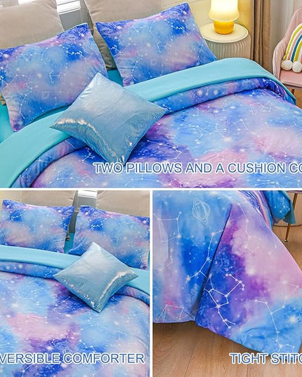Btargot Lightweight Microfiber 6 Piece Comforter Set, Tie Dye Galaxy Constellation Pattern Bedding Set for Boys Girls Teen, Queen Blue Purple - LeafyLoom