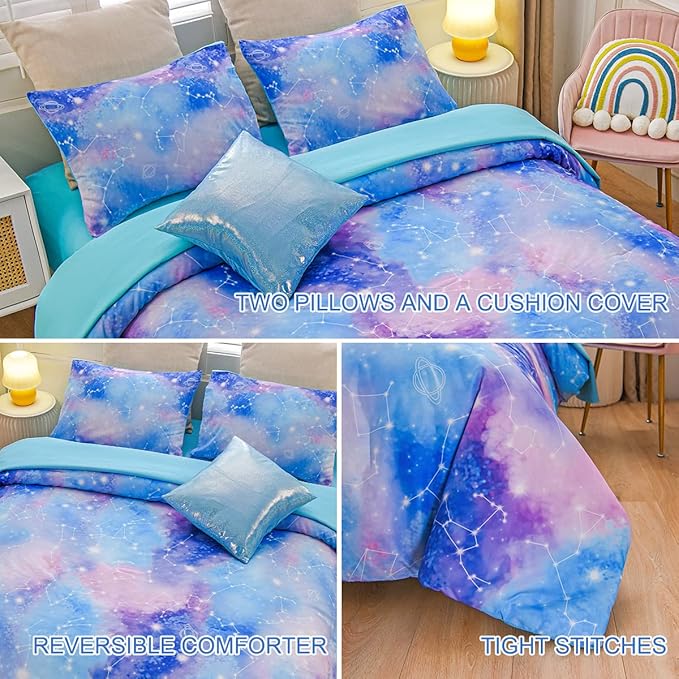 Btargot Lightweight Microfiber 6 Piece Comforter Set, Tie Dye Galaxy Constellation Pattern Bedding Set for Boys Girls Teen, Queen Blue Purple - LeafyLoom